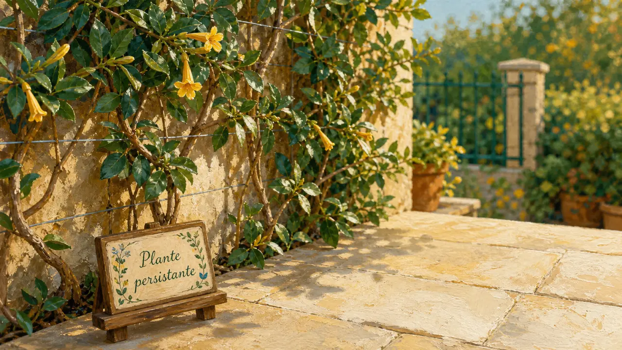 Plante grimpante persistante sur mur avec treillis, feuilles luisantes
