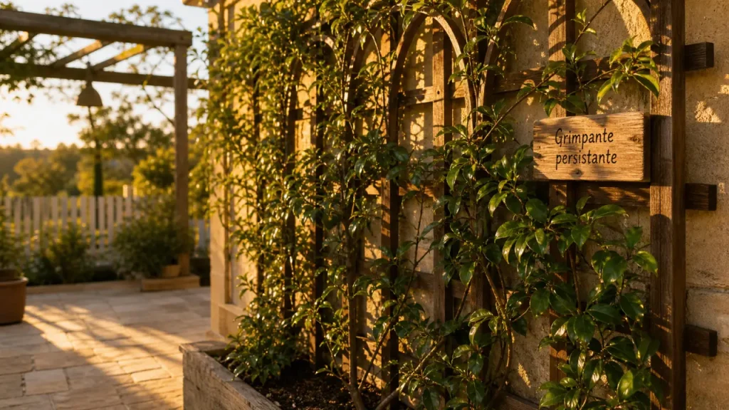Plante grimpante persistante sur treillage contre un mur, pergola en fond