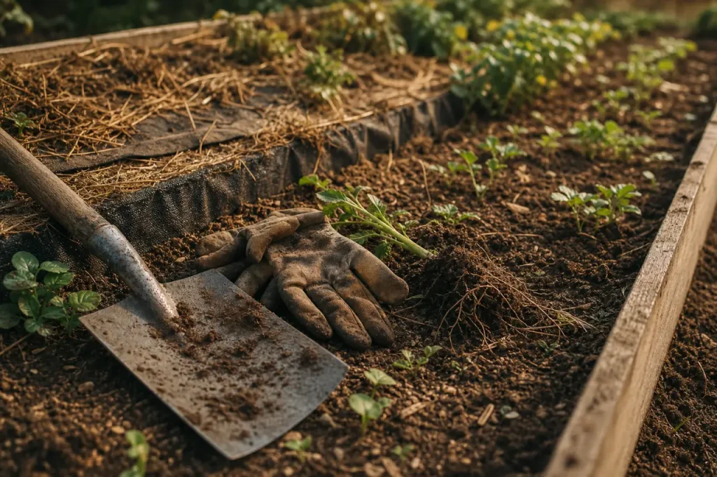 Plantes envahissantes jardin : barrière anti-rhizomes, semis spontanés et racines dans un potager