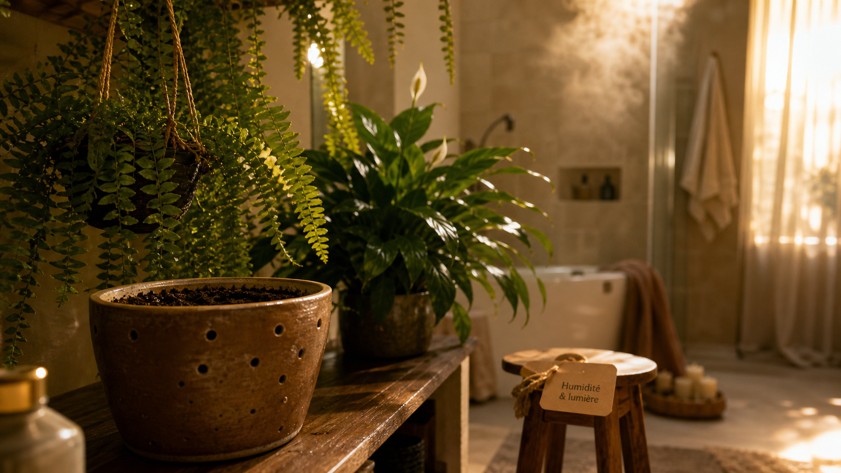 Plantes faciles pour salle de bain : fougère de Boston et spathiphyllum