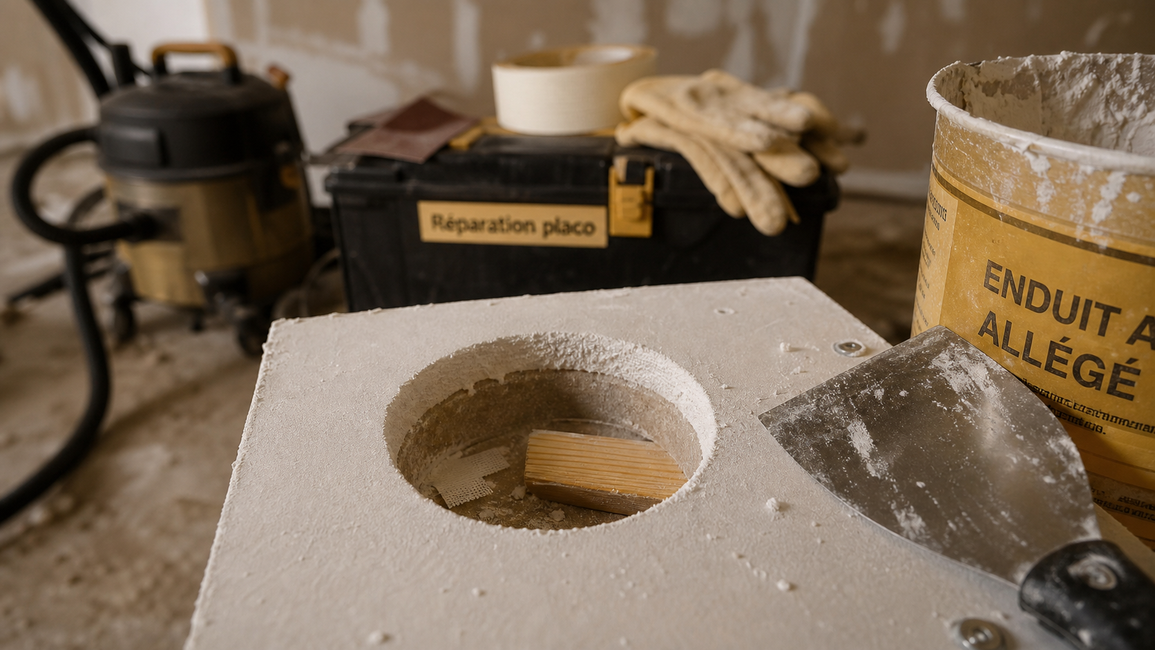 reboucher trou scie cloche placo, réparation placo sans fissure