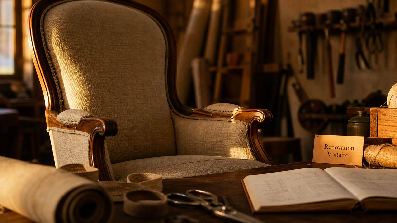 Rénovation fauteuil Voltaire : crin et bois en atelier