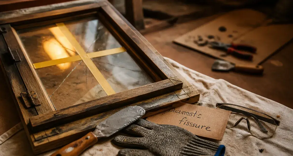 Réparer vitre fissurée : simple vitrage, ruban adhésif en atelier