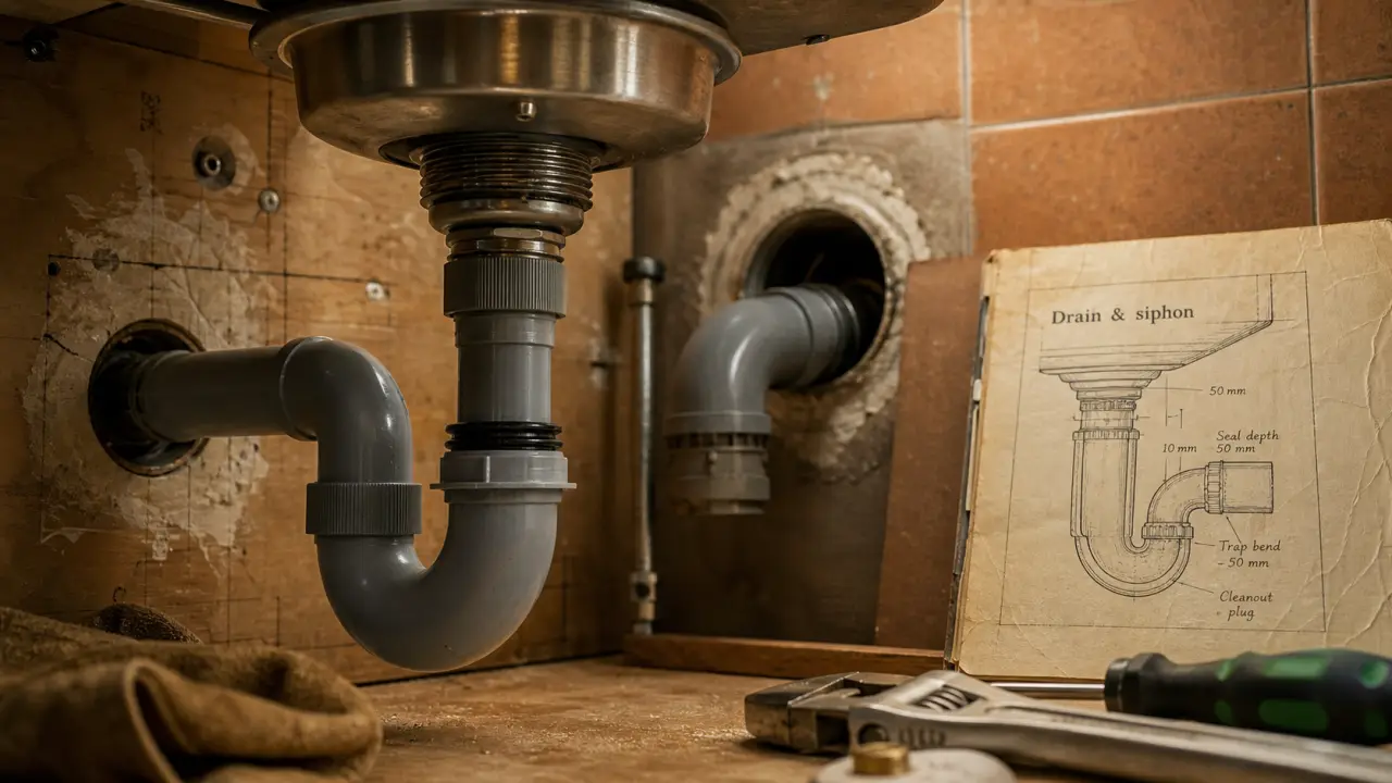 Schéma évacuation évier cuisine : siphon 40 mm et tuyau d’évacuation