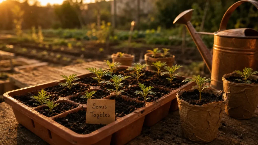 Semis d’œillet d’Inde : 20°C, 2 à 4 vraies feuilles et plantation après les gelées