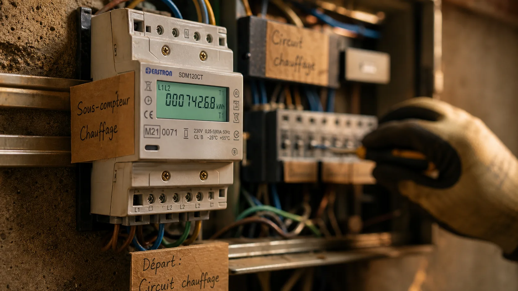 Sous compteur électrique sur rail DIN, écran kWh allumé