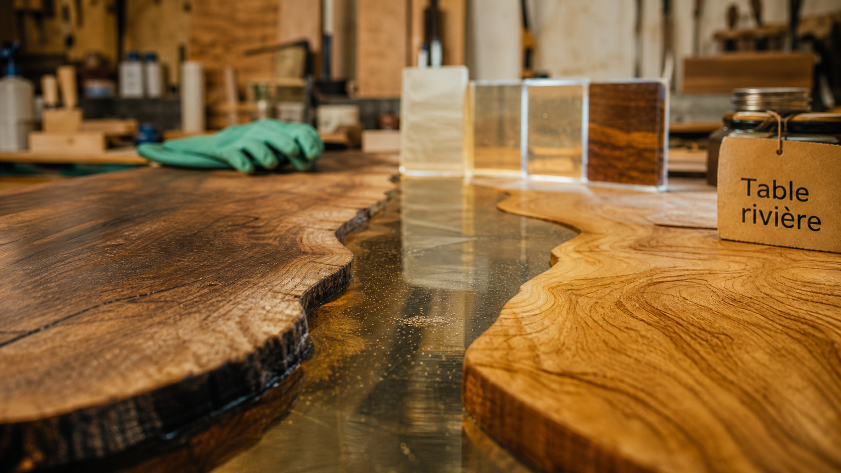 Table en resine : table rivière en chêne avec coulée epoxy transparente