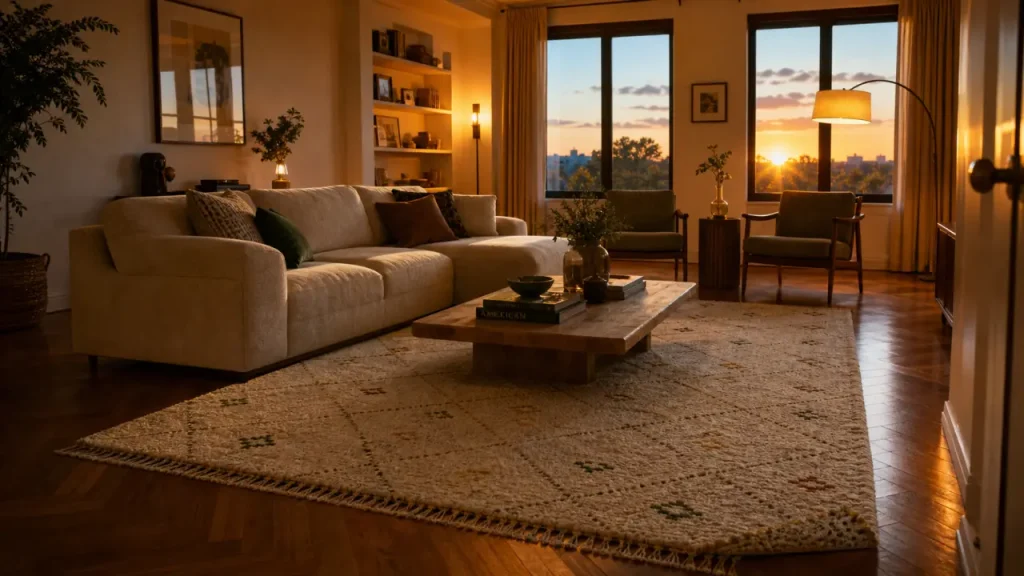 Tapis dans le salon : sous le canapé, devant le canapé ou sous tout le mobilier ?