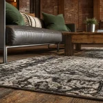 Tapis style industriel dans un loft industriel, fibres effet vieilli sur bois brut
