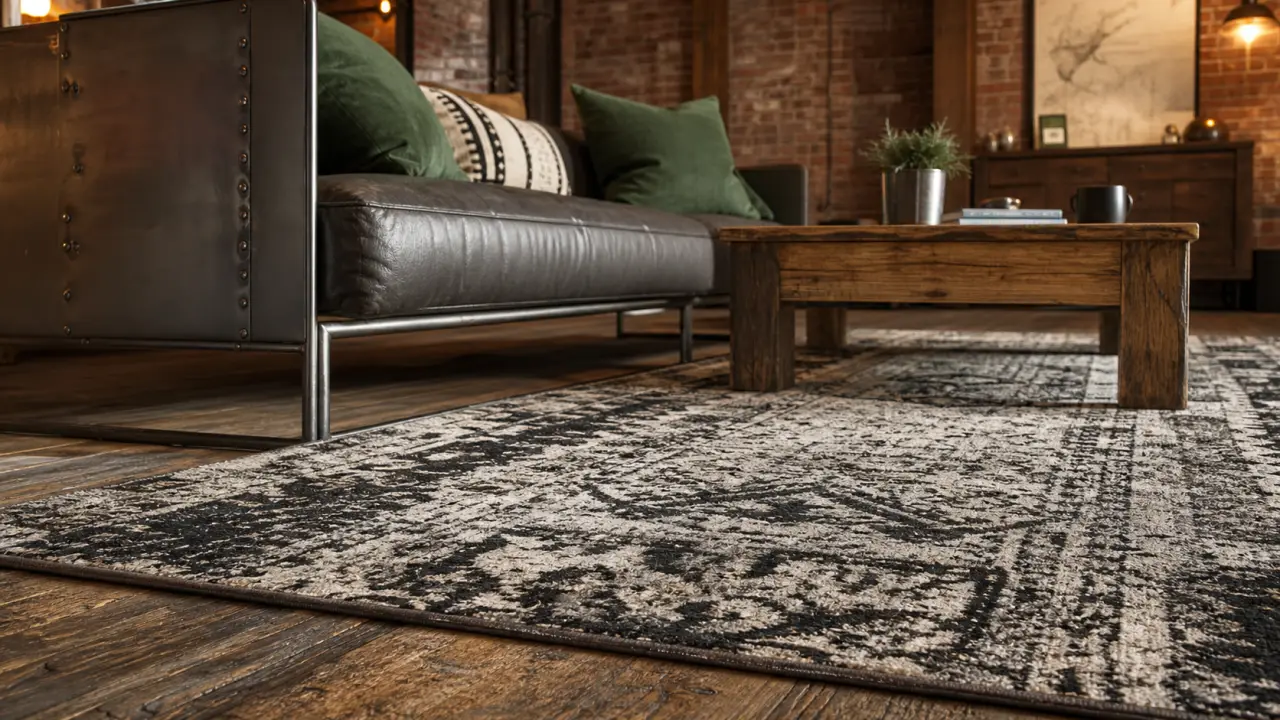 Tapis style industriel dans un loft industriel, fibres effet vieilli sur bois brut