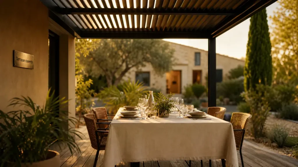 Terrasse couverte maison avec pergola en aluminium noir