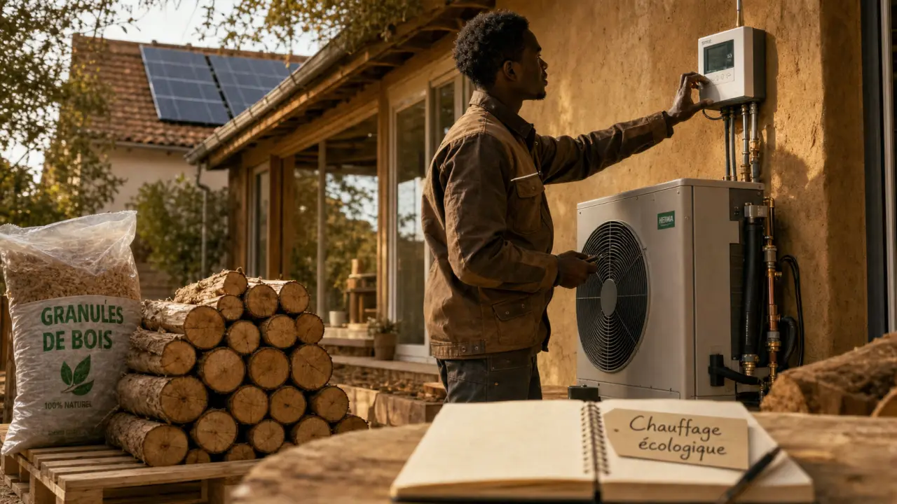 Chauffage écologique : technicien règle une pompe à chaleur air/eau, bois et solaires dans une maison rénovée