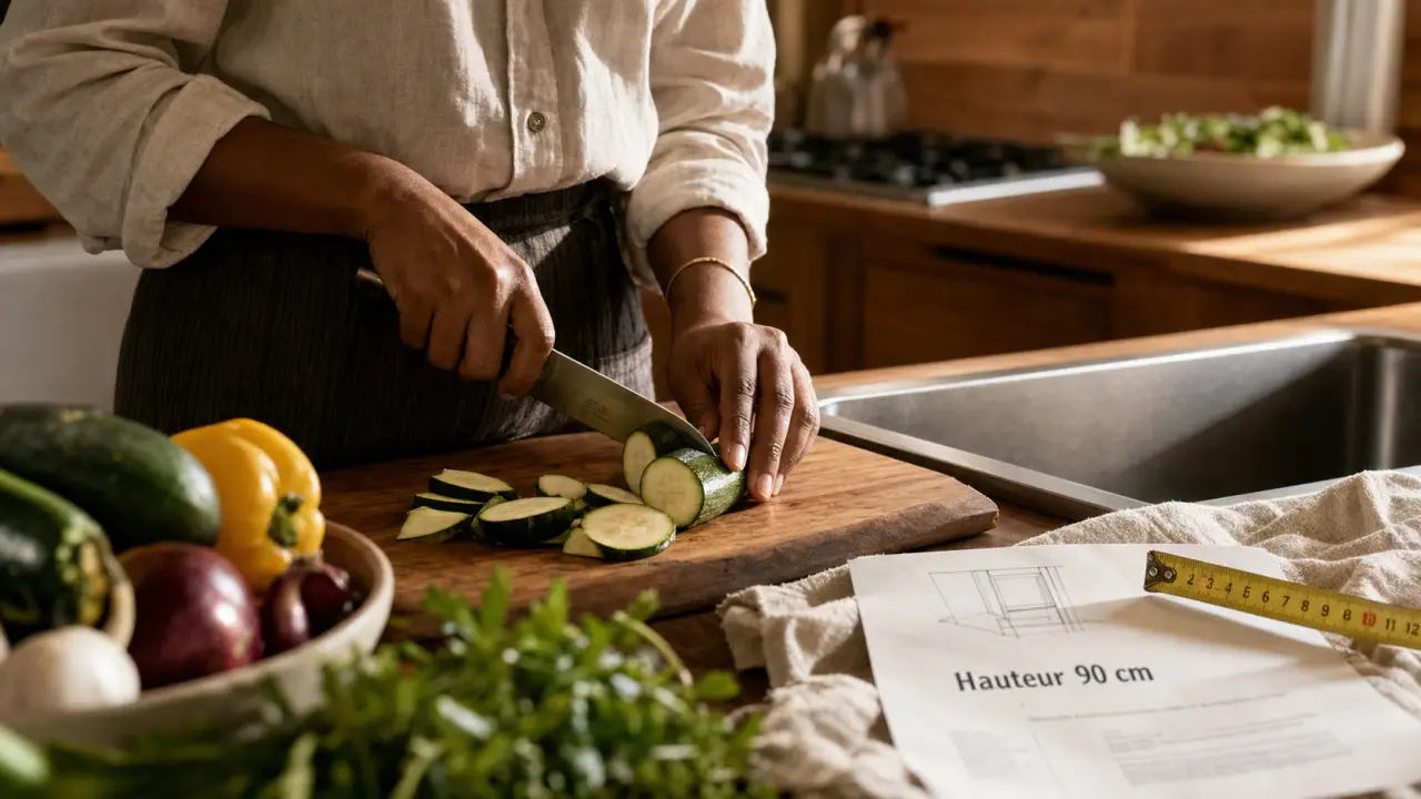 Cuisine hauteur plan de travail 90 cm, plan de travail et mètre ruban