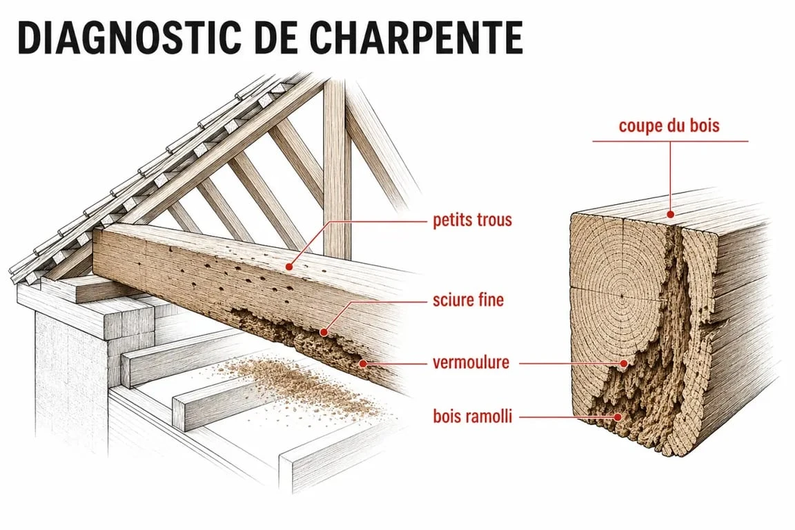 Traitement charpente bois : signes d’attaque visibles sur une poutre, sciure et bois ramolli