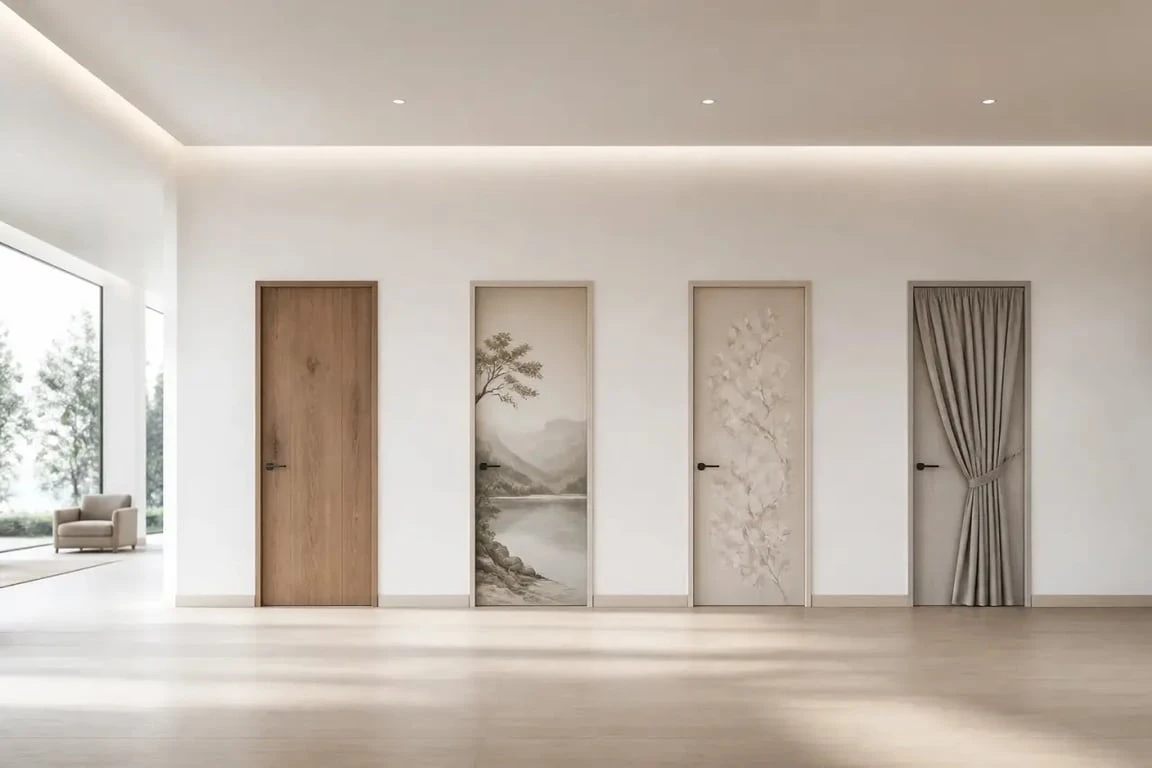 Décoration porte intérieure avec quatre styles de porte dans un couloir