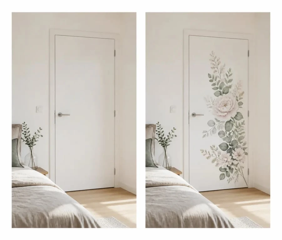 Décoration porte intérieure avant après avec sticker floral sur porte blanche