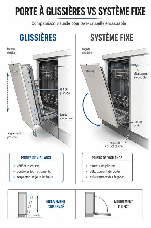 Installation porte lave vaisselle encastrable : comparaison entre glissières et fixation fixe