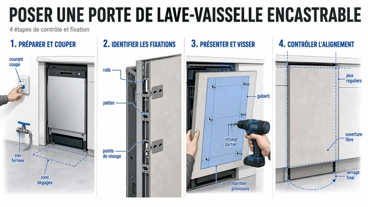 Installation porte lave vaisselle encastrable en 4 étapes dans une cuisine intégrée