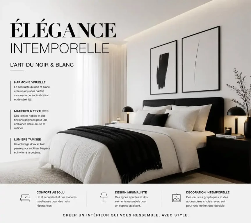 Chambre à coucher élégante avec décoration noir et blanc, style minimaliste et cocooning