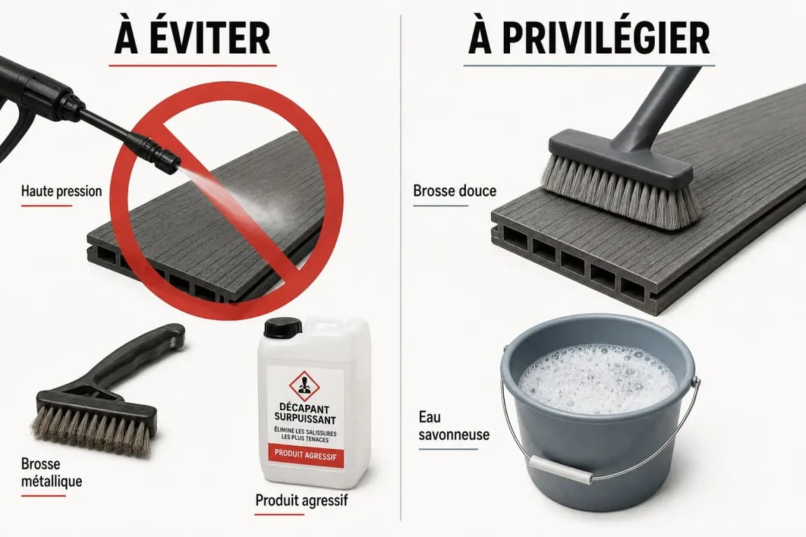 Nettoyer terrasse en composite : erreurs à éviter avec haute pression et outils abrasifs