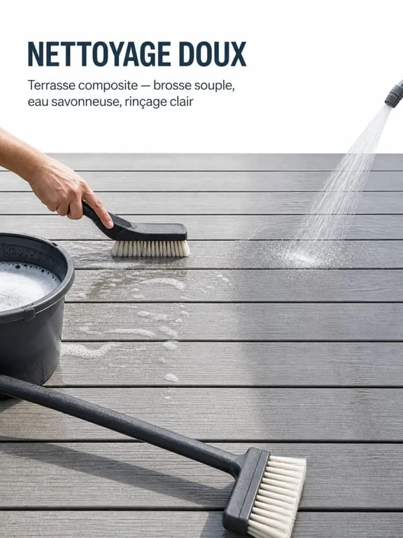 Nettoyer terrasse en composite avec brosse douce et eau savonneuse en suivant les lames