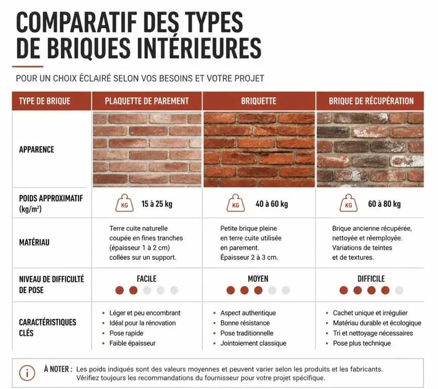 Tableau comparatif des types de brique pour mur intérieur : plaquette, briquette et brique de récupération