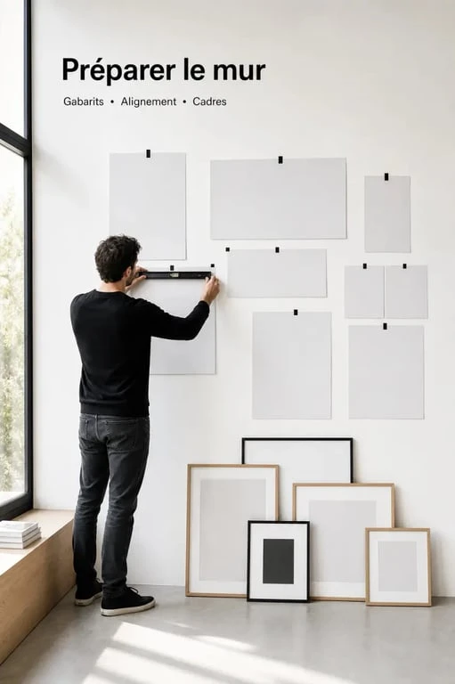 Disposition cadre mural : préparation d’un mur de cadres avec gabarits papier et alignement précis