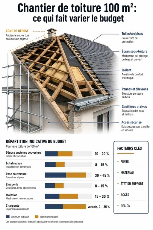 Prix d une toiture 100m2 avec décomposition des principaux postes de chantier, infographie