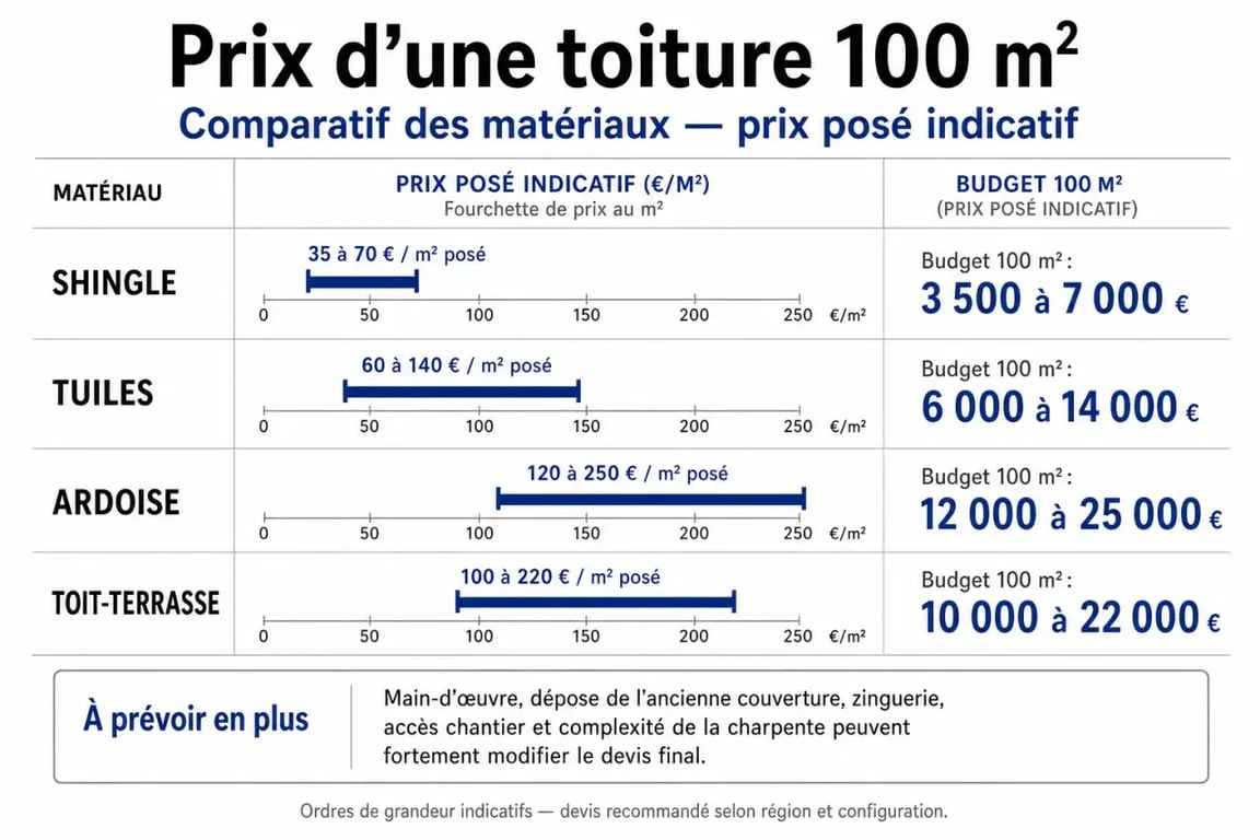 Prix d une toiture 100m2 selon les matériaux de couverture, infographie comparative