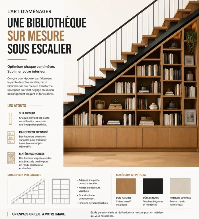 Bibliothèque sur-mesure sous escalier ouvert