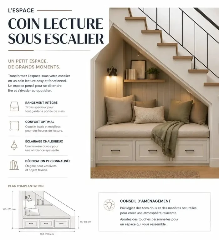 Coin lecture et rangement sous escalier ouvert