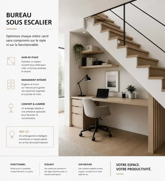 Aménagement sous escalier ouvert en bureau moderne et fonctionnel