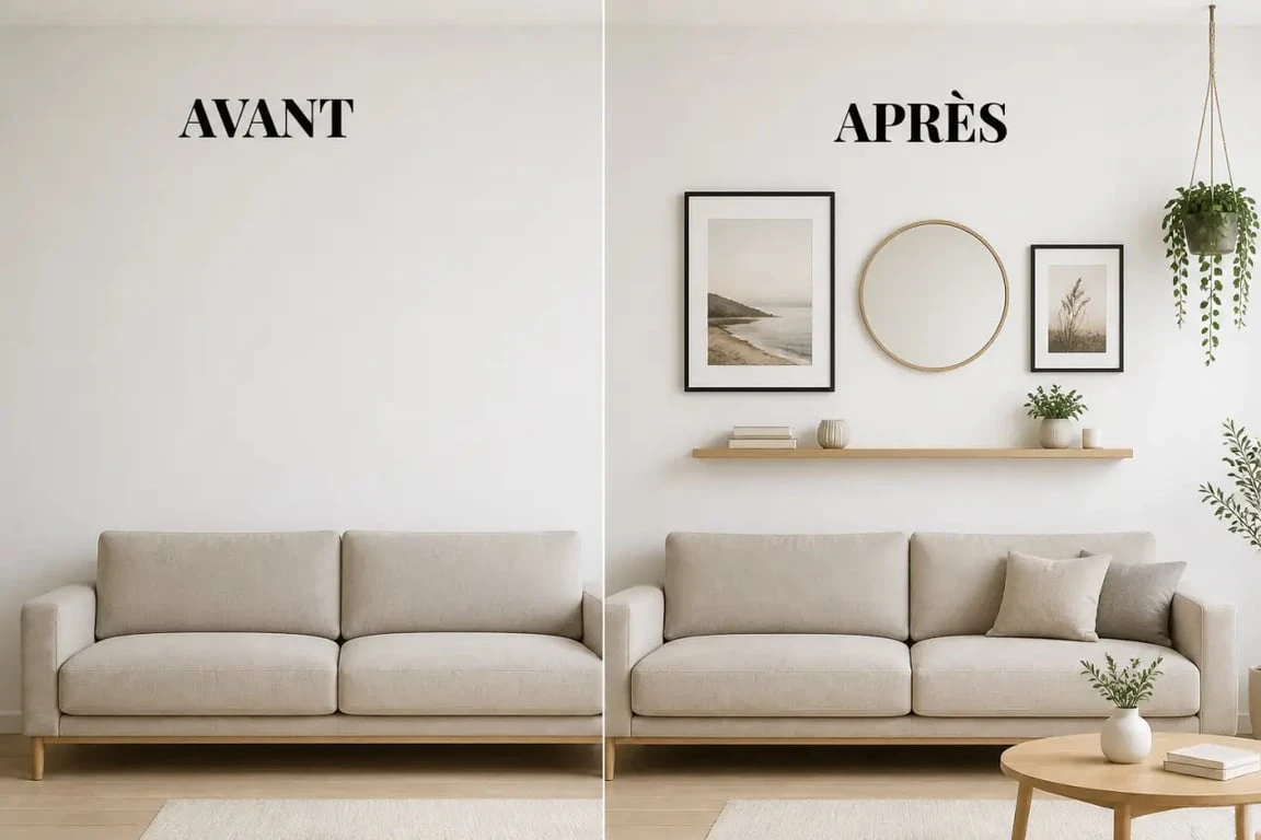 Décorer mur blanc : avant/après d’un mur blanc transformé avec cadres, miroir, étagère et plante
