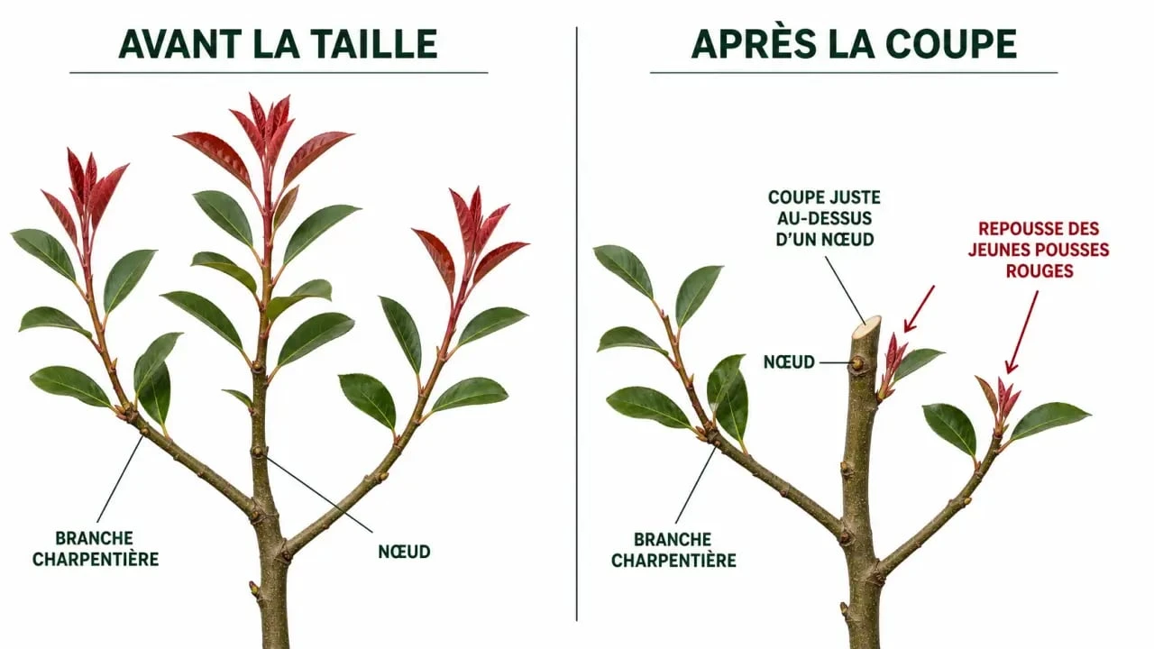 Quand tailler les photinia : schéma de coupe au-dessus d’un nœud