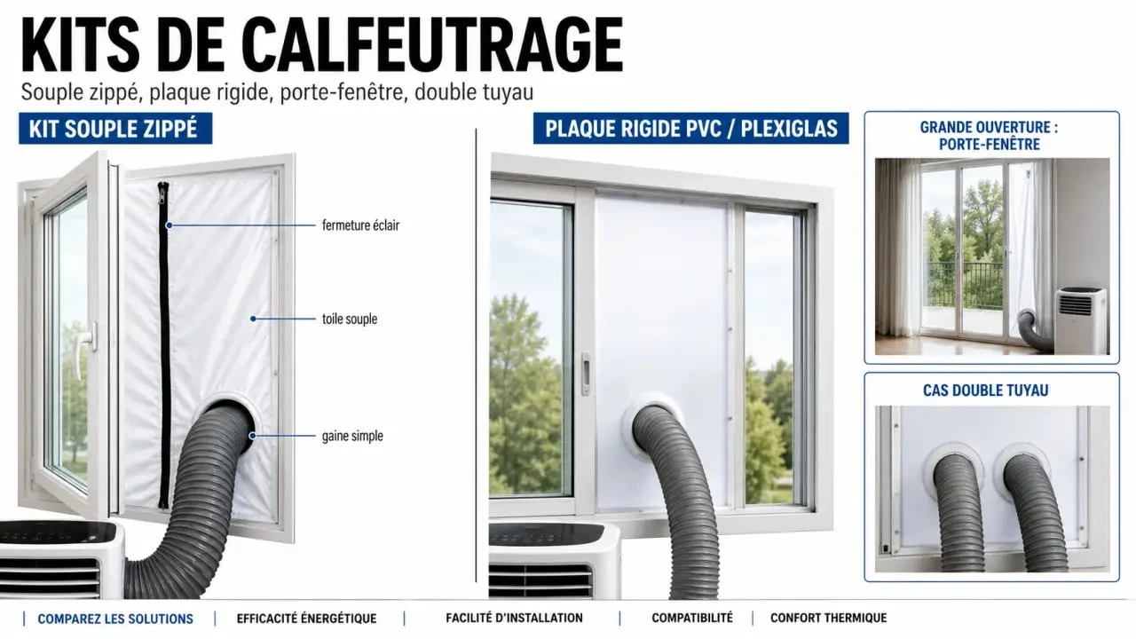 Meilleur kit calfeutrage pour climatiseur mobile : comparatif des kits souples, rigides et porte-fenêtre