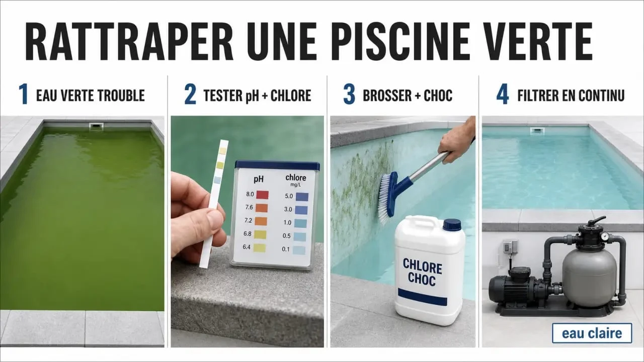 piscine eau verte : rattrapage en quatre étapes avec test du pH, brossage, traitement choc et filtration