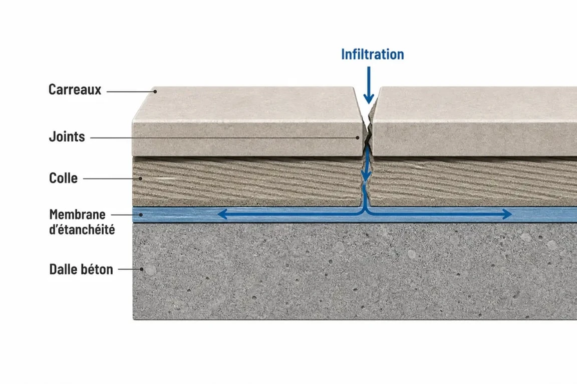 Étanchéité sur carrelage terrasse : schéma de coupe montrant les infiltrations d’eau et la membrane