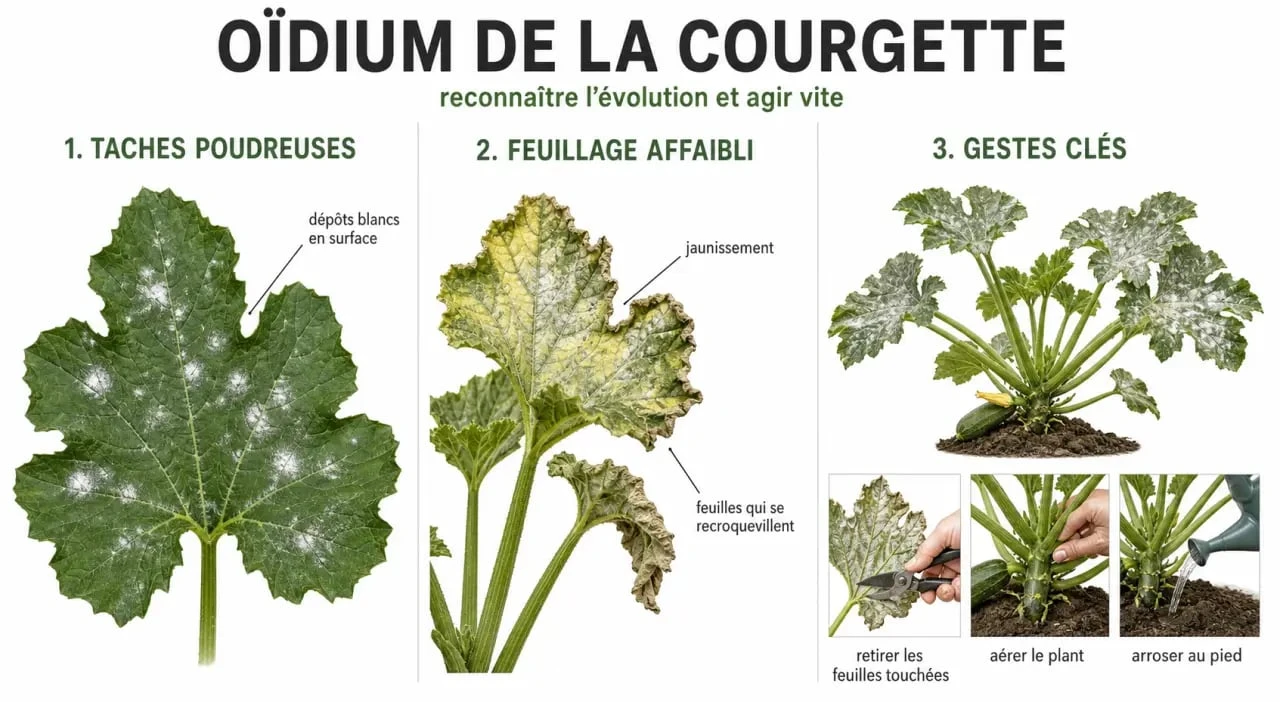 Traitement oidium courgette : progression des symptômes sur les feuilles et gestes pour limiter la maladie