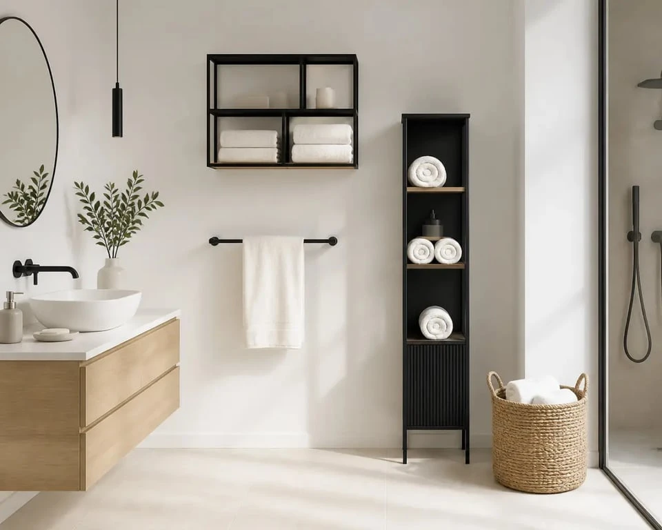 Rangement serviette dans une salle de bain contemporaine avec porte-serviettes mural, étagère et panier décoratif