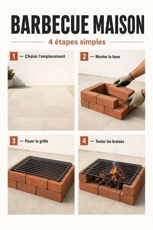 Faire un barbecue maison en briques dans un jardin, avec les étapes de montage et la grille en place