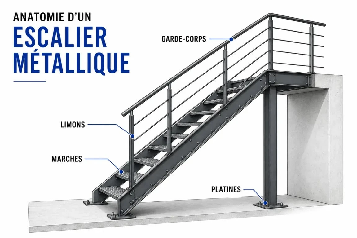 Schéma technique des composants d'un escalier en métal