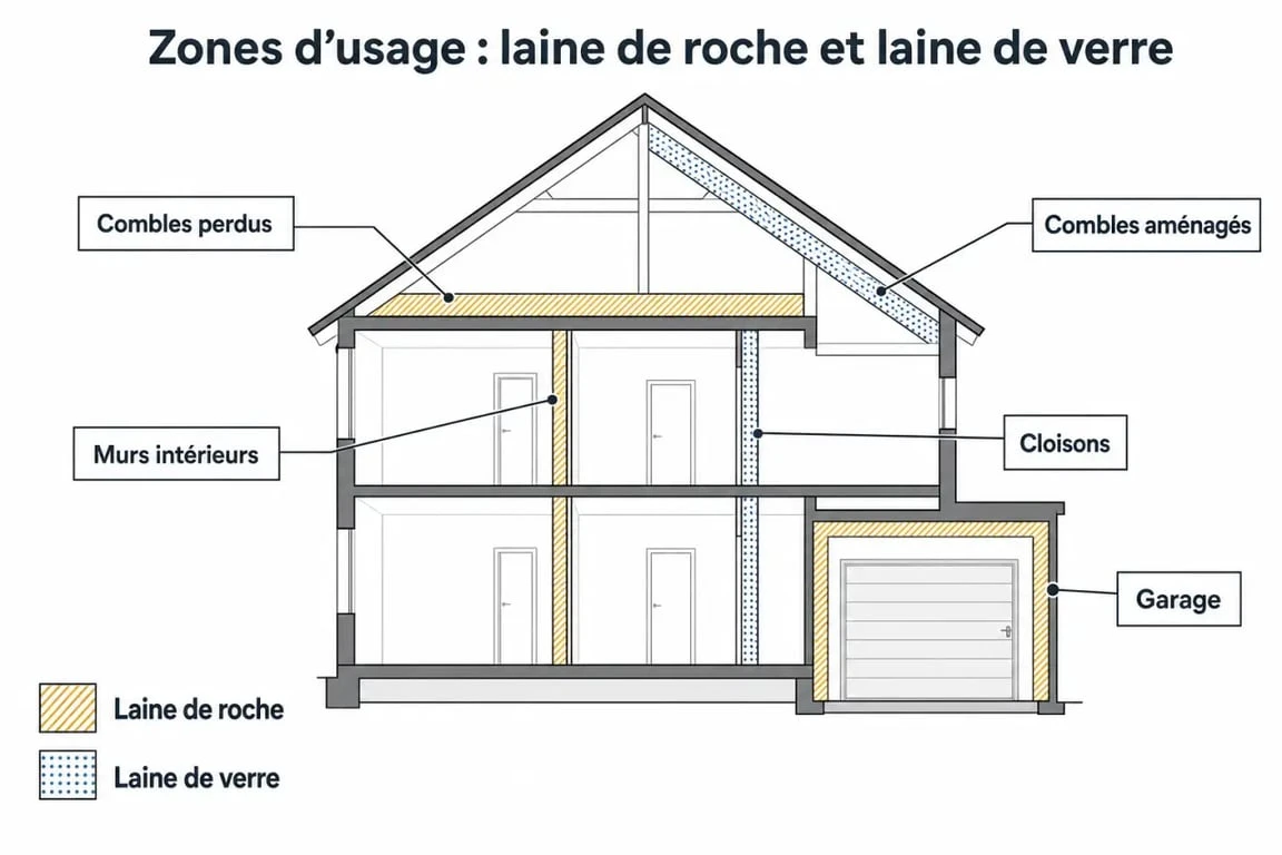 Laine de roche et laine de verre dans une maison : combles, murs, cloisons et garage