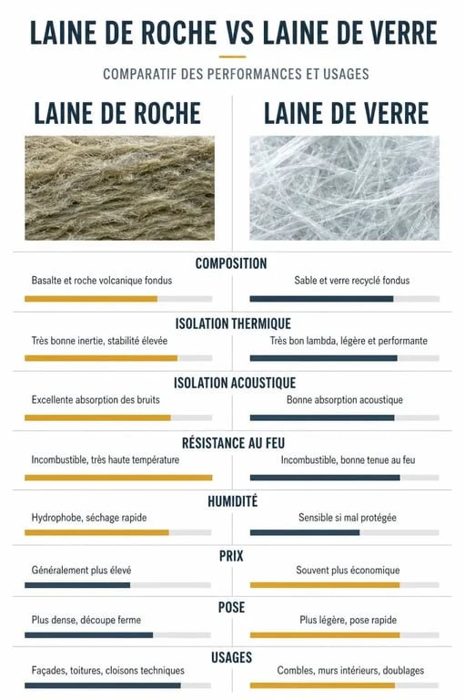 Laine de roche et laine de verre comparées selon l'isolation thermique, acoustique, le feu, l'humidité et le prix
