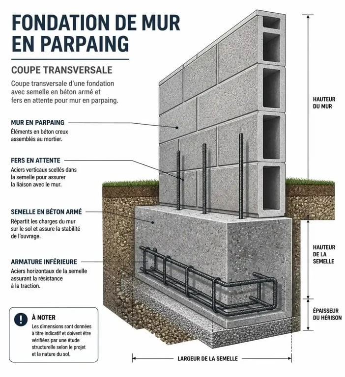 Coupe technique des fondations pour monter un mur en parpaing