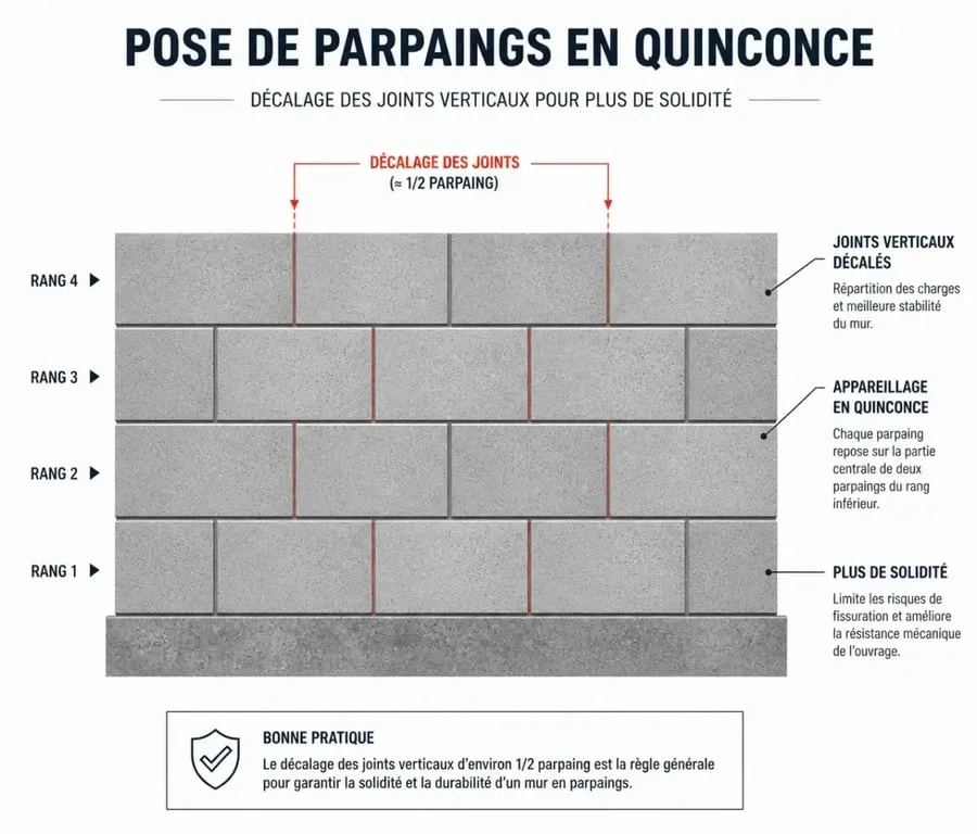 Schéma de montage de mur en parpaing en quinconce pour une solidité optimale