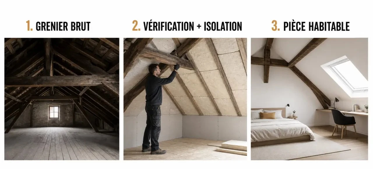 Aménager des combles : avant, travaux et pièce habitable lumineuse sous toiture