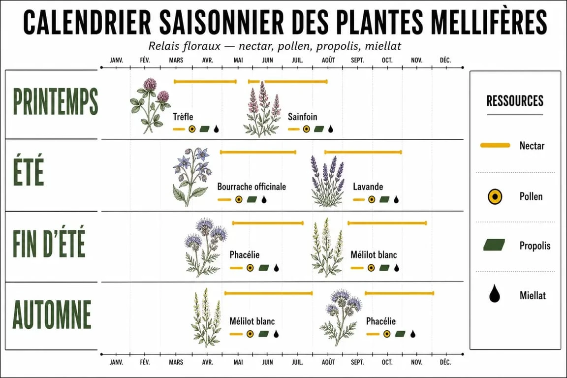 Plantes mellifere : calendrier visuel des floraisons et des ressources pour les abeilles