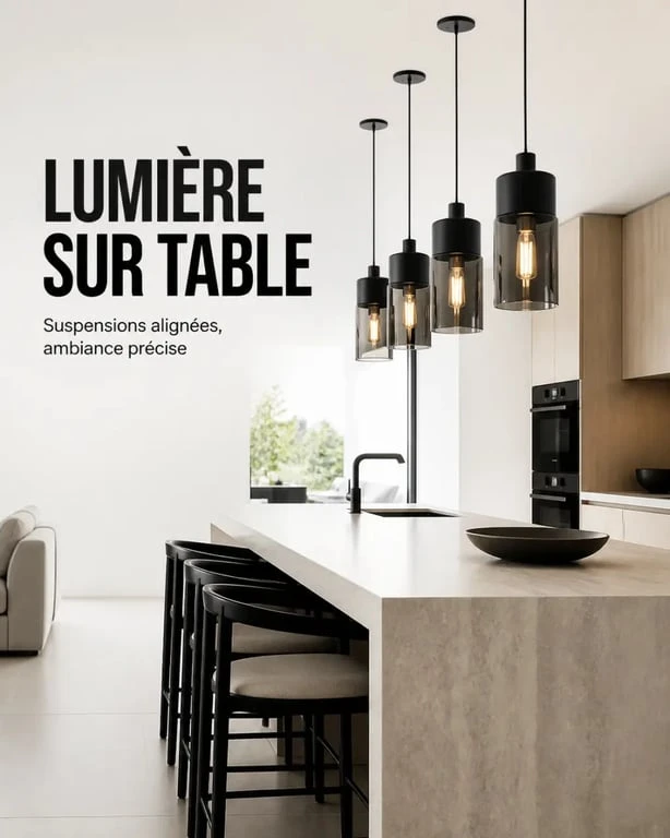 Luminaire design dans une cuisine-salle à manger avec suspensions alignées