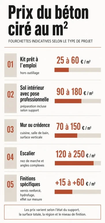 Prix du béton ciré au m2 : infographie des fourchettes de prix selon kit, pose professionnelle et finitions