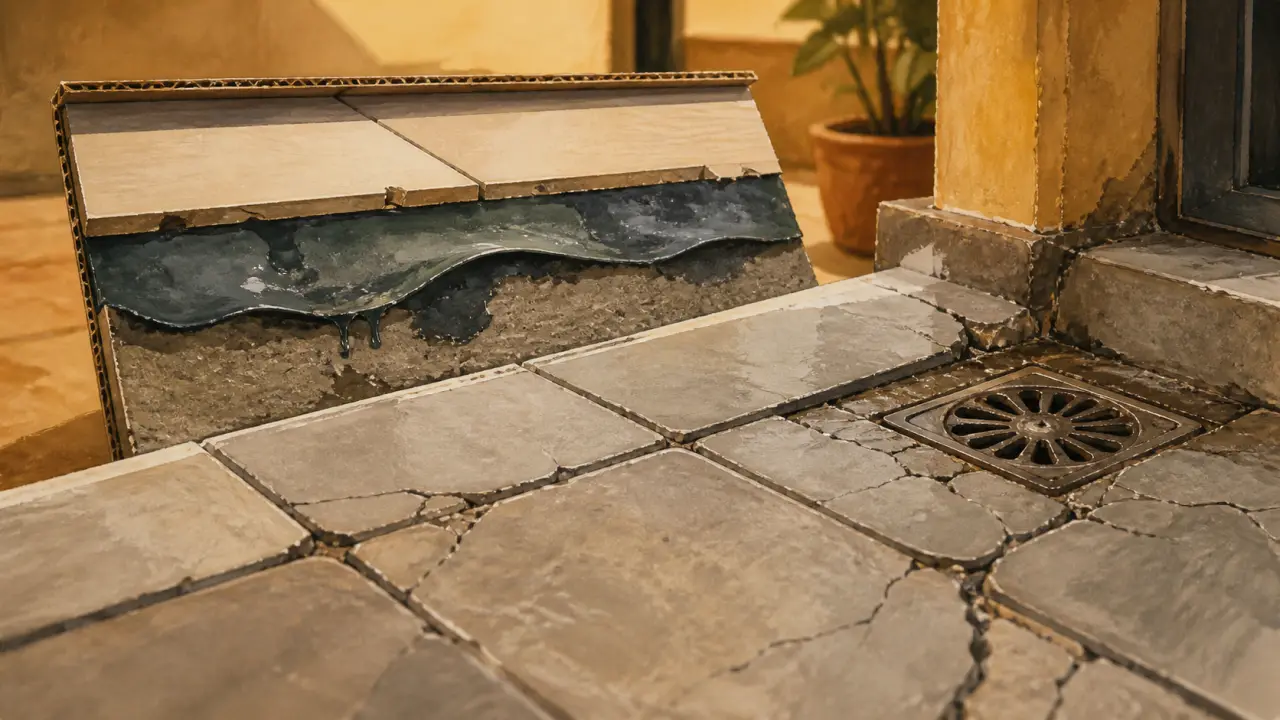 Étanchéité sur carrelage terrasse qui fuit : carreaux fissurés, joints noirs, auréoles d’humidité